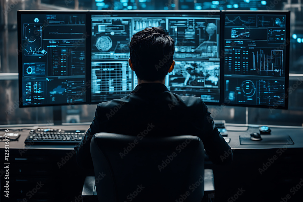 Glowing wireframe of an ethical hacker working on a computer Glowing wireframe of an ethical hacker working on a computer