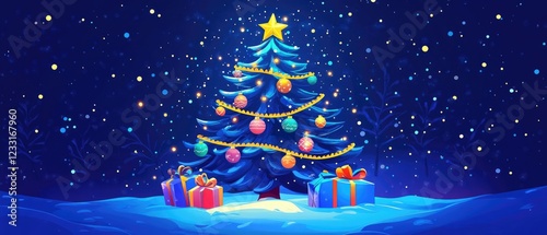 Festive Christmas Tree with Colorful Ornaments and Snowy Night Sky