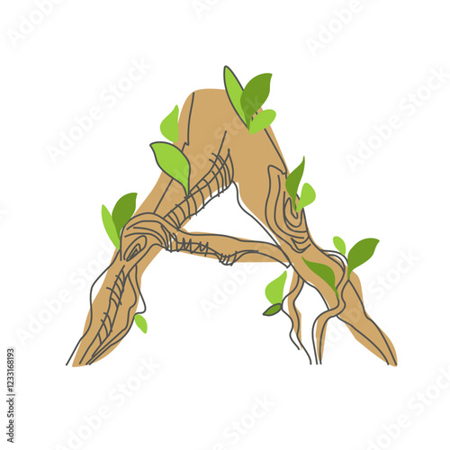 Initial letter. Decorative font from tree roots. Environmental design. Nature typography. Spring mood. A tree that is shedding leaves