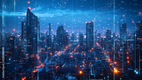 Wallpaper Mural Futuristic Cityscape with Neon Lights and Digital Overlay Effects Torontodigital.ca