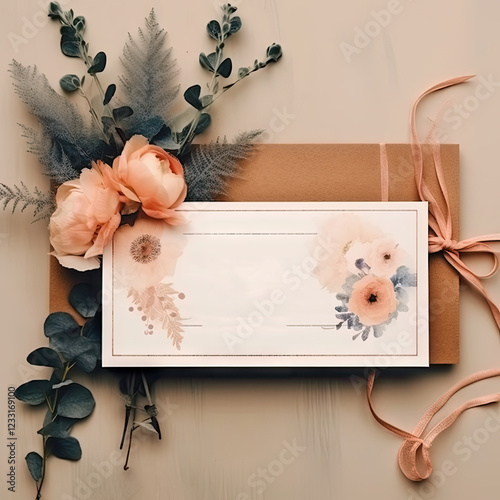 Top view on envelope with tender watercolor flowers and beige fear lay on brown background. illustration in pastel colors. Elegant composition