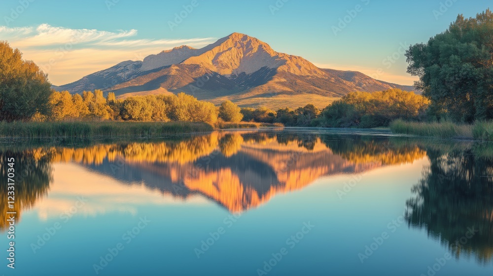 mountain reflected perfectly in a tranquil lake, under a golden sunset mountain reflected perfectly in a tranquil lake, under a golden sunset