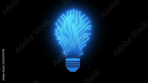 Bulb circuit animation by blue color neon light on black background.