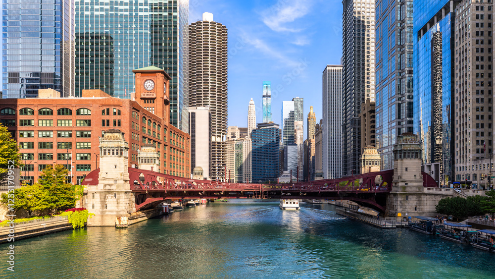 Chicago, Illinois skyline in front of the Lasalle street bridge. Chicago is the most populous city in the U.S. state of Illinois and in the Midwestern United States.