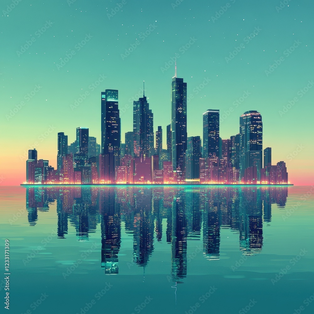Fototapeta premium City Skyline Reflected in Calm Water at Dusk