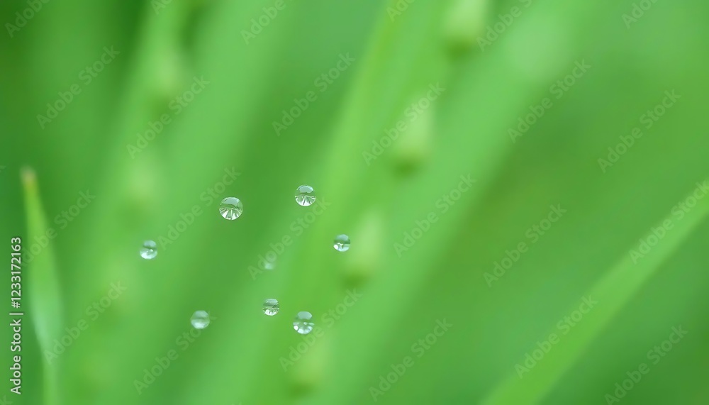 Water Droplets Falling Through Green Grass Blades Water Droplets Falling Through Green Grass Blades
