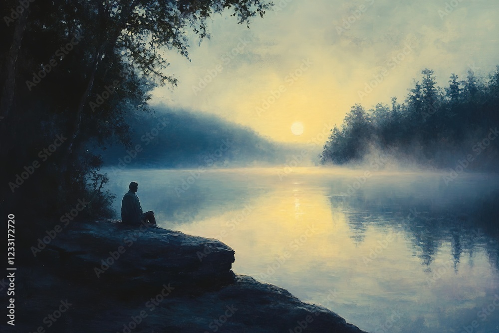 Solitude at Dawn: A solitary figure contemplates the tranquil beauty of a misty lake at sunrise. The image evokes a sense of peace, introspection, and the promise of a new day. Solitude at Dawn: A solitary figure contemplates the tranquil beauty of a misty lake at sunrise. The image evokes a sense of peace, introspection, and the promise of a new day.