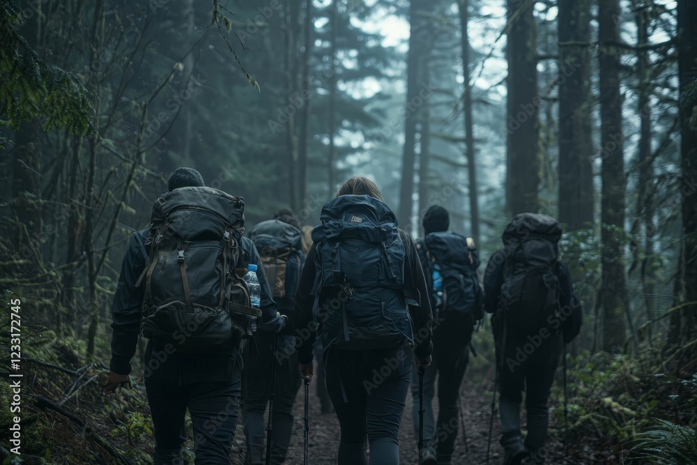 Group of friends hiking through a dense forest trail, with backpacks and water bottles in hand.