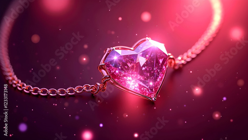 Crystal pink heart on a chain on red shiny background. Valentines, love and romantic illustration