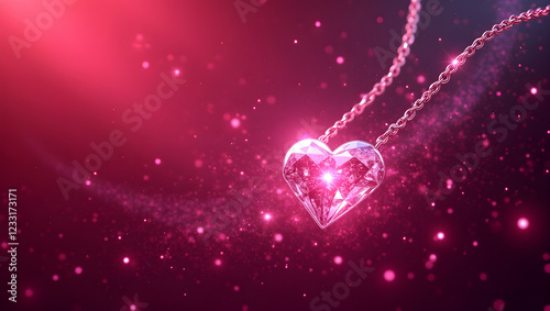 Shiny pink crystal heart on a chain on red background. Valentines, love and romantic illustration