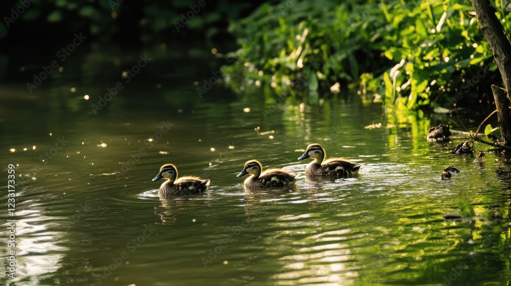 Serene Pond Scene with Family of Ducks Swimming in Calm Waters Surrounded by Lush Greenery: Ideal for Nature Documentaries and Peaceful Outdoor Content Serene Pond Scene with Family of Ducks Swimming in Calm Waters Surrounded by Lush Greenery: Ideal for Nature Documentaries and Peaceful Outdoor Content
