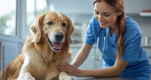 Smiling golden retriever receiving attentive care from a professional veterinarian in a well-lit clinic. Pet health and veterinary care