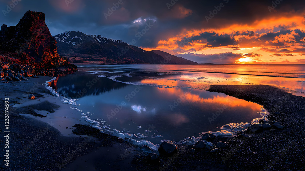 Naklejka premium Sunset over coastal mountains, reflecting in tidal pool