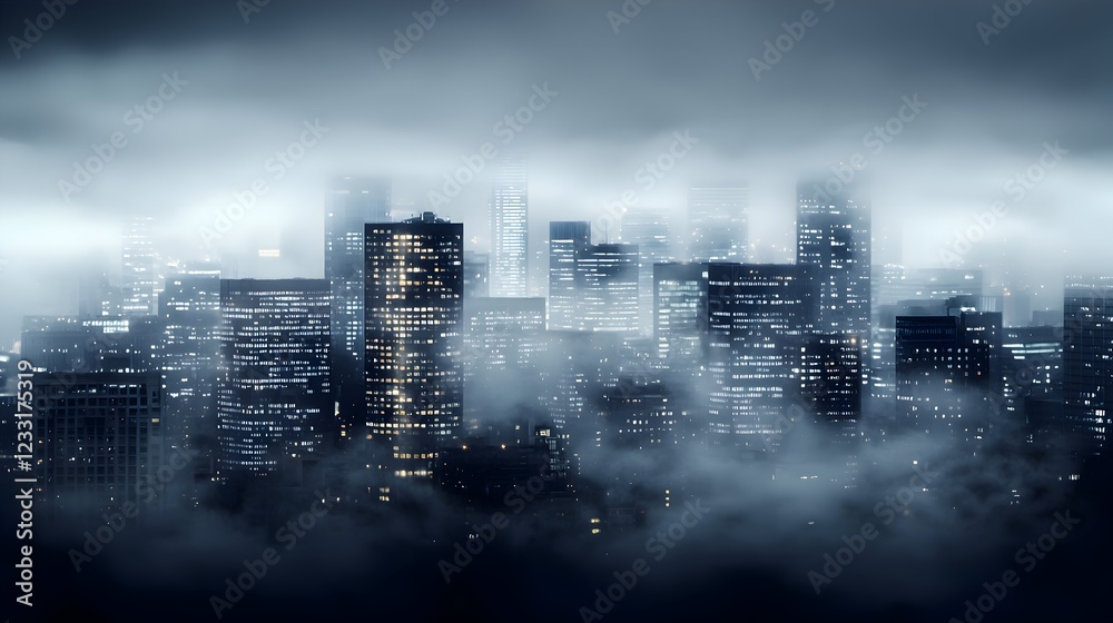 Fototapeta premium A Foggy Cityscape Illuminated by Night Lights-Capturing the Enigmatic Beauty of an Urban Landscape Shrouded in Dense Fog and Illuminated by Countless Lights for an Ethereal and Intriguing Visual Exper
