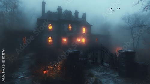Foggy Halloween mansion, autumn night, spooky scene, digital art