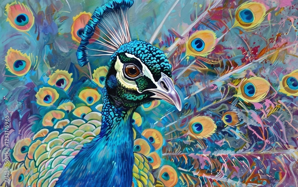 Fototapeta premium Detailed View of a Peacock with Brilliantly Colored Feathers on Display