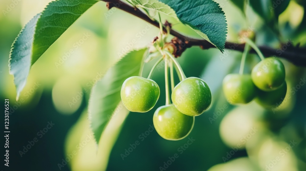 Fototapeta premium Fresh Green Cherries Growing on a Tree Branch in Natural Setting
