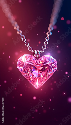 Crystal pink heart on a chain. Valentines, love and romantic illustration. Background for a smartphone screen.