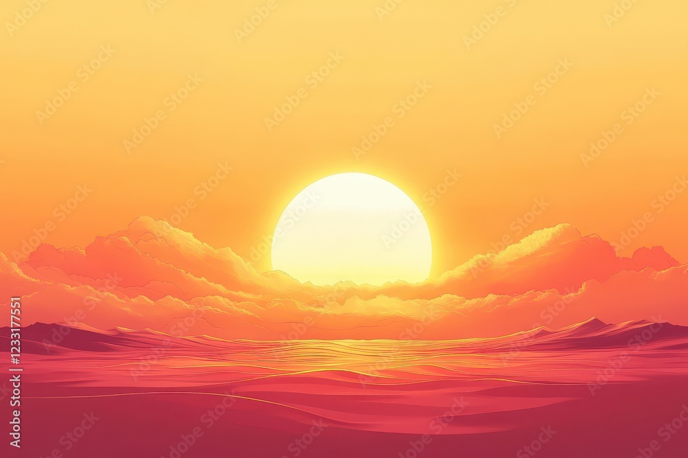 Sun Setting Over Orange And Red Landscape Sun Setting Over Orange And Red Landscape