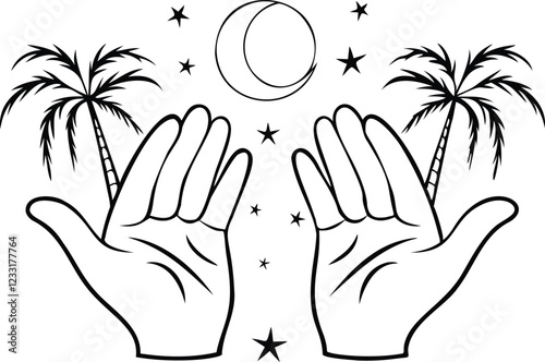 Hands Raised to the Sky with Palm Tree, Moon, and Stars – Mystical Line Art Book Vector Design