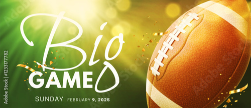 Big game championship banner with realistic classic brown leather 3d rugby ball and bright light on green background. Flyer for American football. Vector illustration