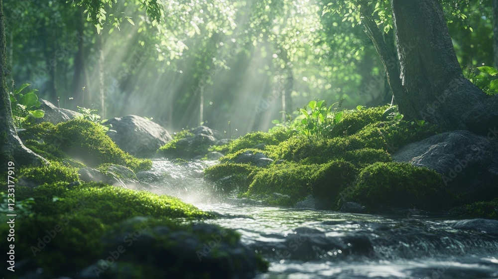 Fototapeta premium Lush Green Forest Stream with Sunbeam and Soft Water Reflection