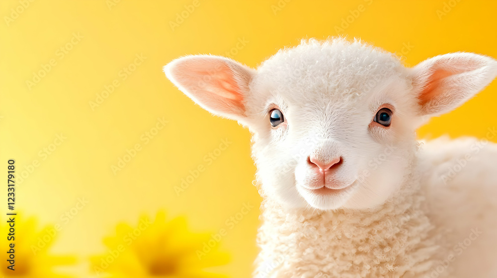 Fototapeta premium Cute lamb, yellow background, sunflowers, spring