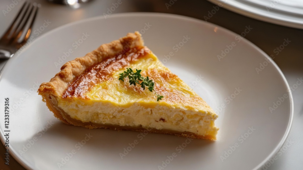 A slice of savory quiche Lorraine with a flaky crust and creamy filling, placed on a plain white plate, Slice centered with a slightly angled view A slice of savory quiche Lorraine with a flaky crust and creamy filling, placed on a plain white plate, Slice centered with a slightly angled view