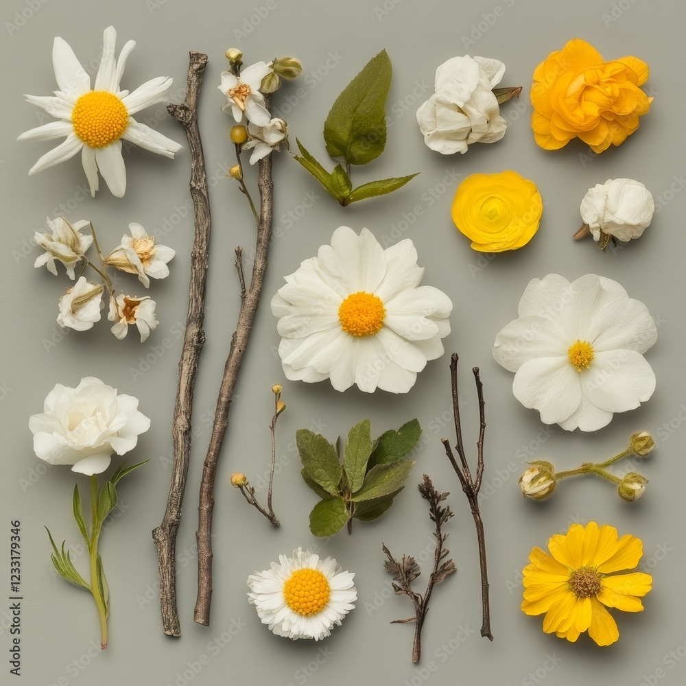 Obraz premium Various flowers and leaves laid out flat against a white background, capturing a minimalist botanical aesthetic, ideal for natural branding or floral-themed designs
