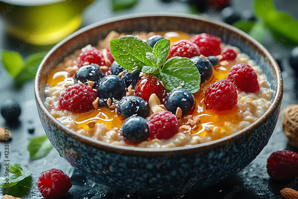 Vibrant wireframe design of a nutritious breakfast bowl glowing with freshness and health benefits Vibrant wireframe design of a nutritious breakfast bowl glowing with freshness and health benefits