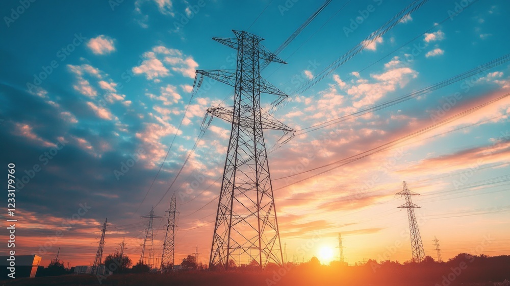 Fototapeta premium Sunset Over Electrical Transmission Towers Silhouetted Against Sky
