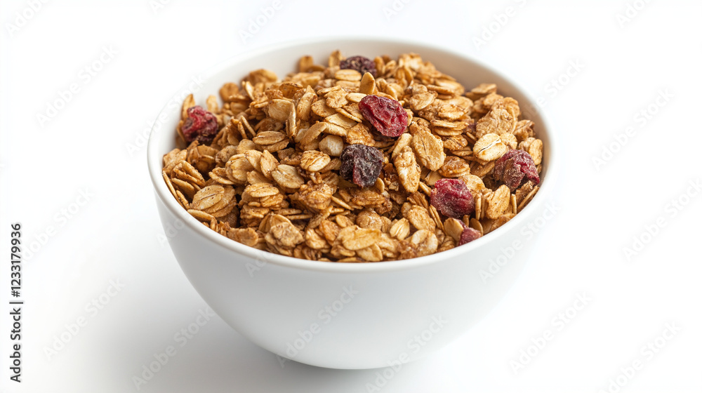 bowl of muesli with fruits , cereal , granola on white background bowl of muesli with fruits , cereal , granola on white background