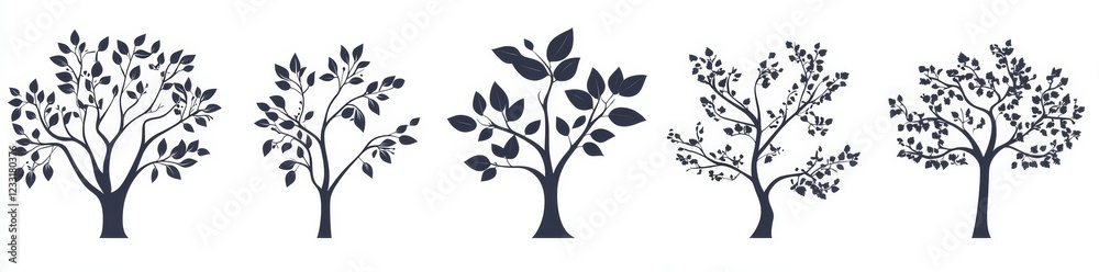 Elegant tree silhouettes in different seasonal styles and colors presented in minimalist abstract form, perfect for use in backgrounds, logos, icons, and decorative designs Elegant tree silhouettes in different seasonal styles and colors presented in minimalist abstract form, perfect for use in backgrounds, logos, icons, and decorative designs