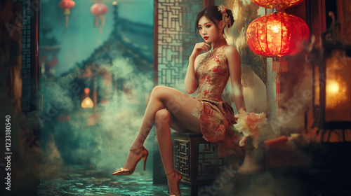 A Chinese woman in a cheongsam and stilettos sits in a tea shop, exuding timeless elegance and vintage charm.