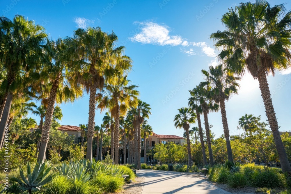 Palm Tree Lined Pathway at University Campus