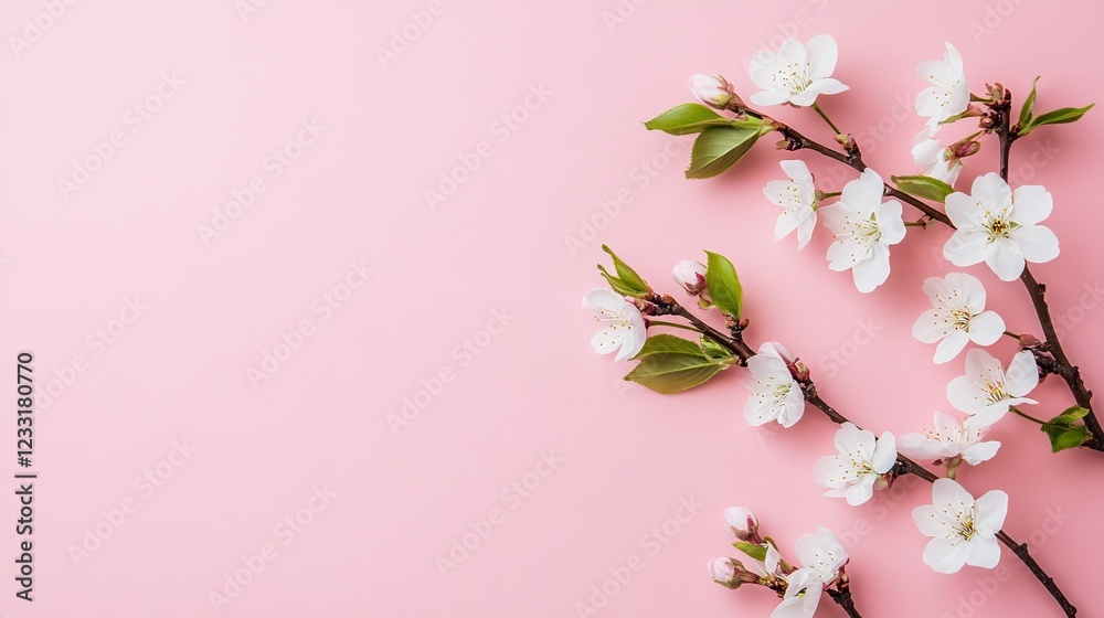 Fototapeta premium A single cherry blossom in a minimalist style sits on a pastel pink backdrop, complemented by neat geometric designs