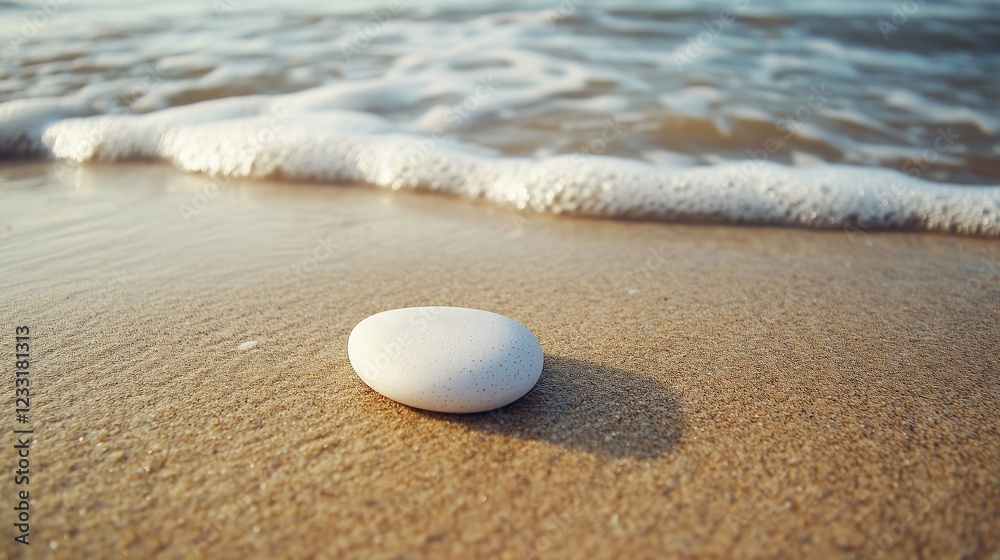 A stone on a sandy beach with a wave.
A smooth white stone lies on the wet sand near the shoreline. The sea foam gently approaches, leaving a sheen on the sand under the sunlight. A stone on a sandy beach with a wave.
A smooth white stone lies on the wet sand near the shoreline. The sea foam gently approaches, leaving a sheen on the sand under the sunlight.