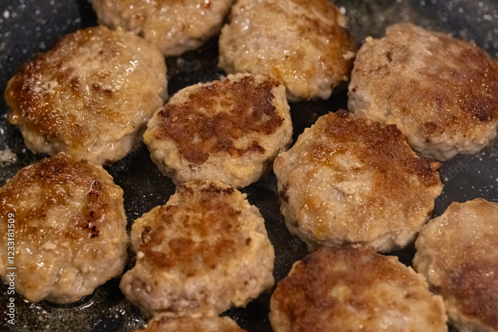 Homemade juicy meat patties frying in a pan with sizzling oil, golden brown crust, and tender texture. Traditional home cooking, comfort food, delicious meal preparation and homemade cuisine Homemade juicy meat patties frying in a pan with sizzling oil, golden brown crust, and tender texture. Traditional home cooking, comfort food, delicious meal preparation and homemade cuisine
