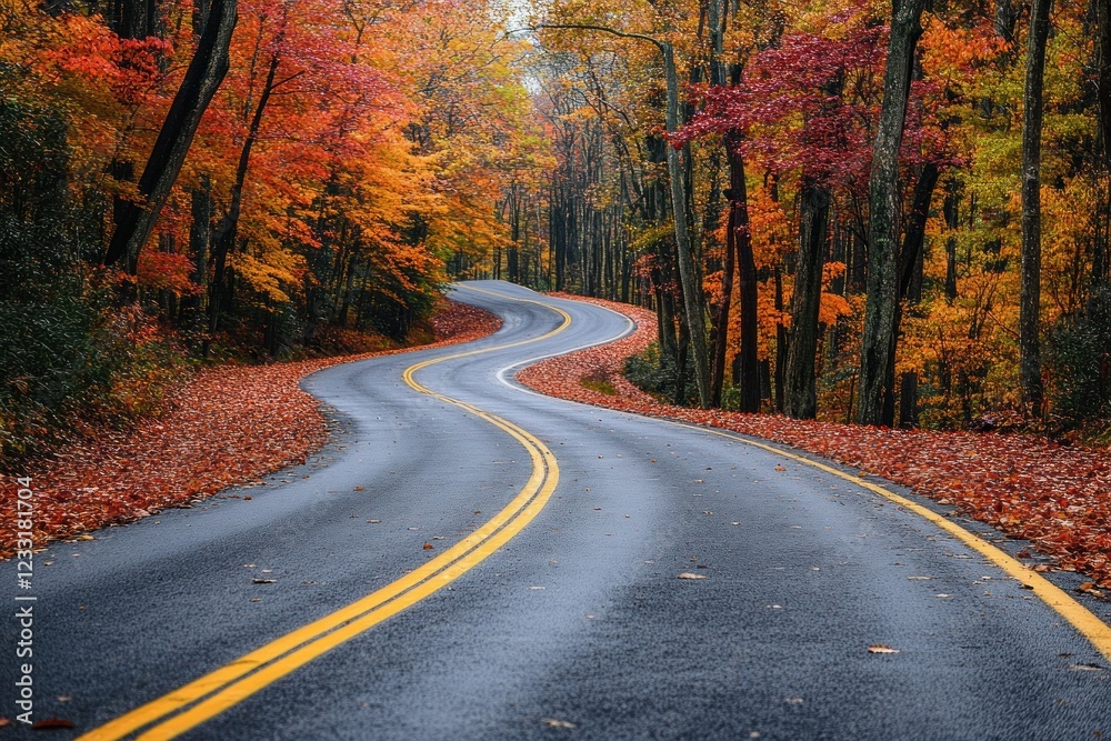 Fototapeta premium Autumnal Road Winding Through Colorful Forest