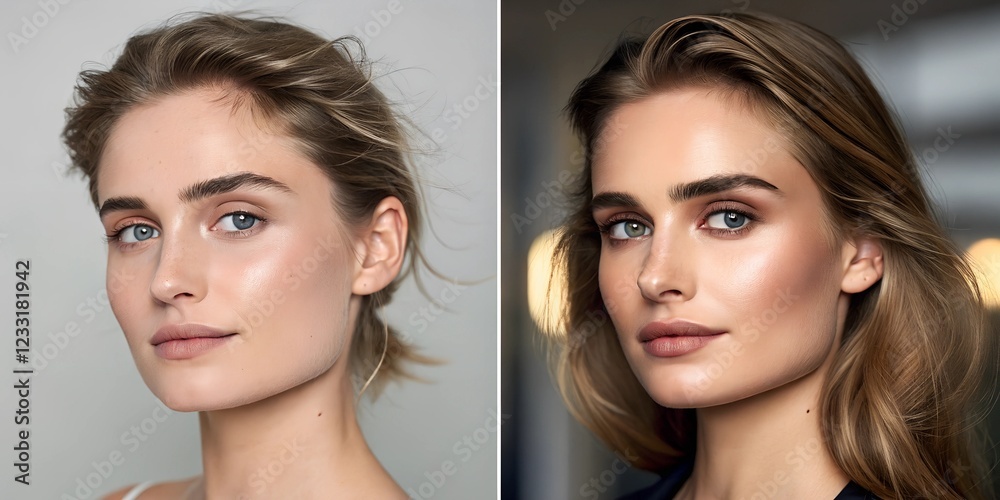 Before and after portrait of a woman with unkempt eyebrows without make up and groomed eyebrows with make up Before and after portrait of a woman with unkempt eyebrows without make up and groomed eyebrows with make up