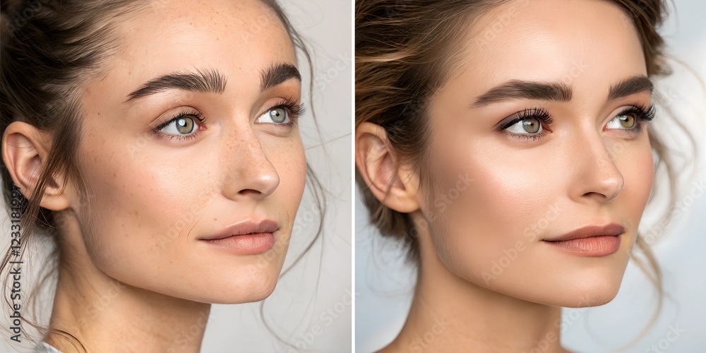 Before and after portrait of a woman with unkempt eyebrows without make up and groomed eyebrows with make up Before and after portrait of a woman with unkempt eyebrows without make up and groomed eyebrows with make up