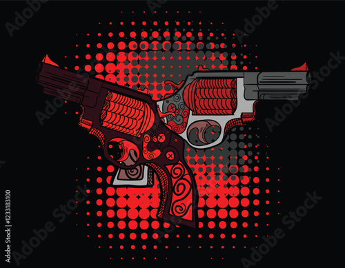 Two crossed guns with ornate floral decoration forming a decorative design
