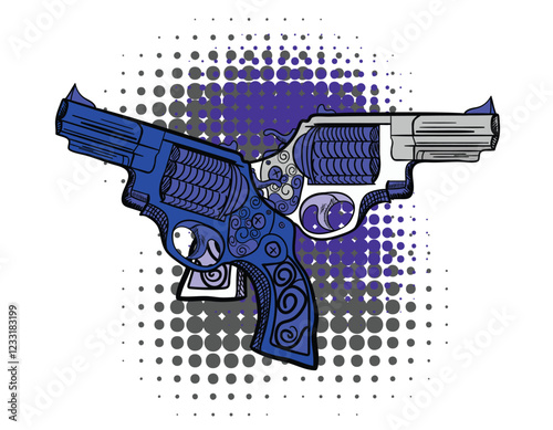 Two crossed guns with ornate floral decoration forming a decorative design