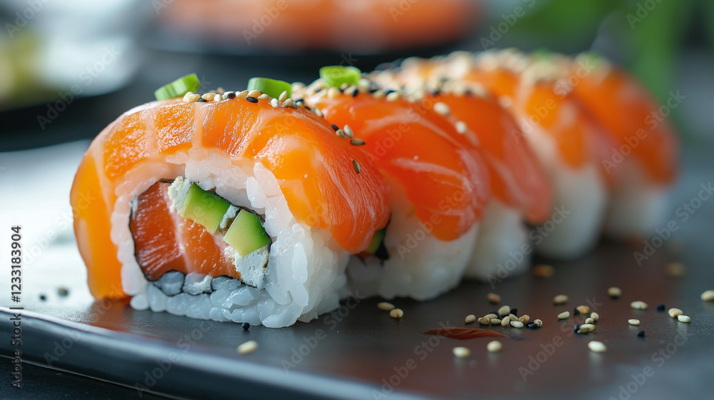 sushi with salmon on the table sushi with salmon on the table