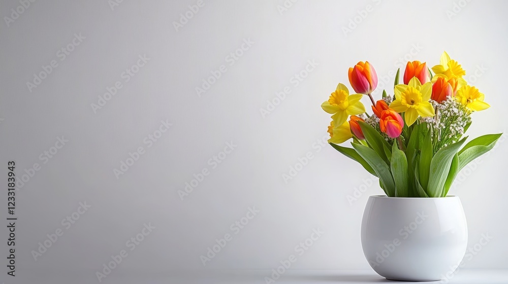 Vibrant flowers are arranged in a white pot on a clean background, highlighting fresh blossoms and lush greenery Vibrant flowers are arranged in a white pot on a clean background, highlighting fresh blossoms and lush greenery
