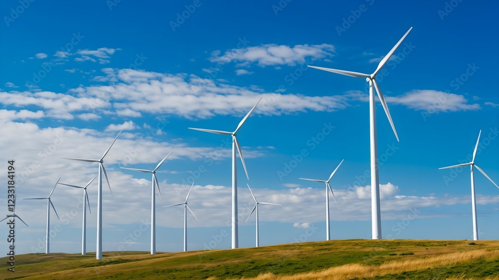 Fototapeta premium Wide landscape with wind turbines on a sunny day, symbolizing clean energy production, renewable resources and sustainable technology in an open field