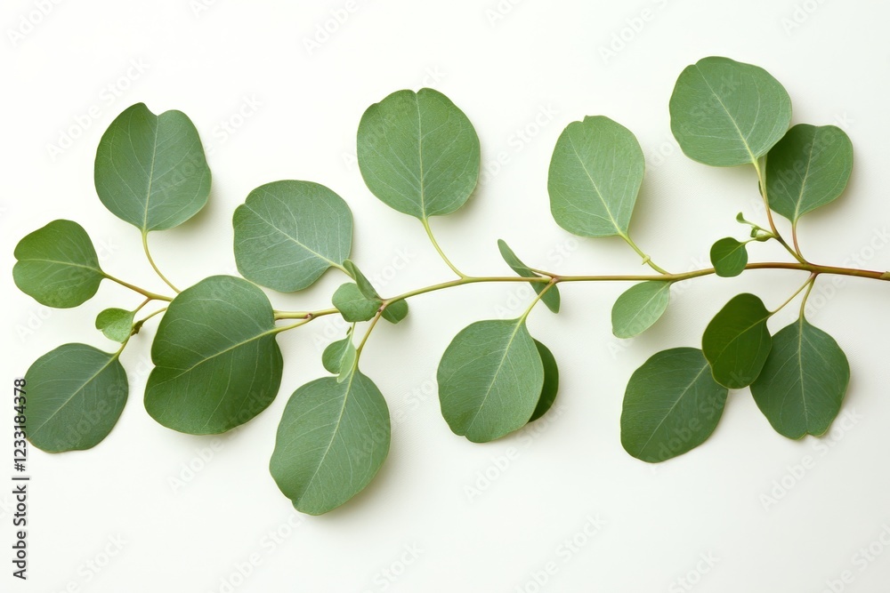 Obraz premium Eucalyptus leaves laid out on a white background in a flat top view, leaving room for text