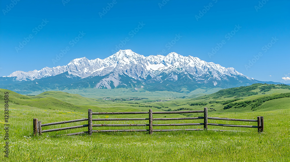 Mountain range vista, green field, wooden fence, summer. Landscapes background Mountain range vista, green field, wooden fence, summer. Landscapes background