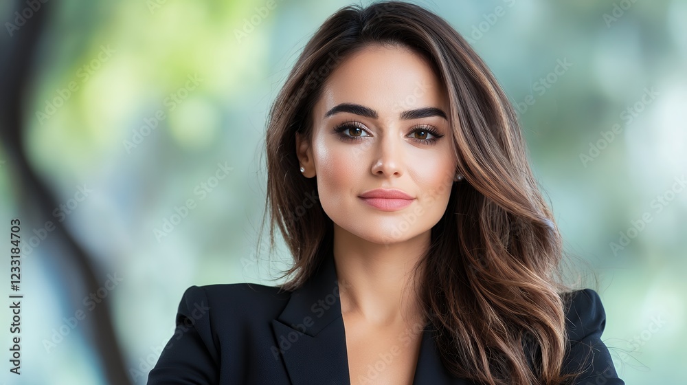 Portrait of a Confident Young Woman with Long Brown Hair Wearing a Black Jacket