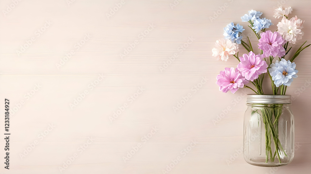 Fototapeta premium Pastel flowers in glass jar, wood background, copy space, greeting card